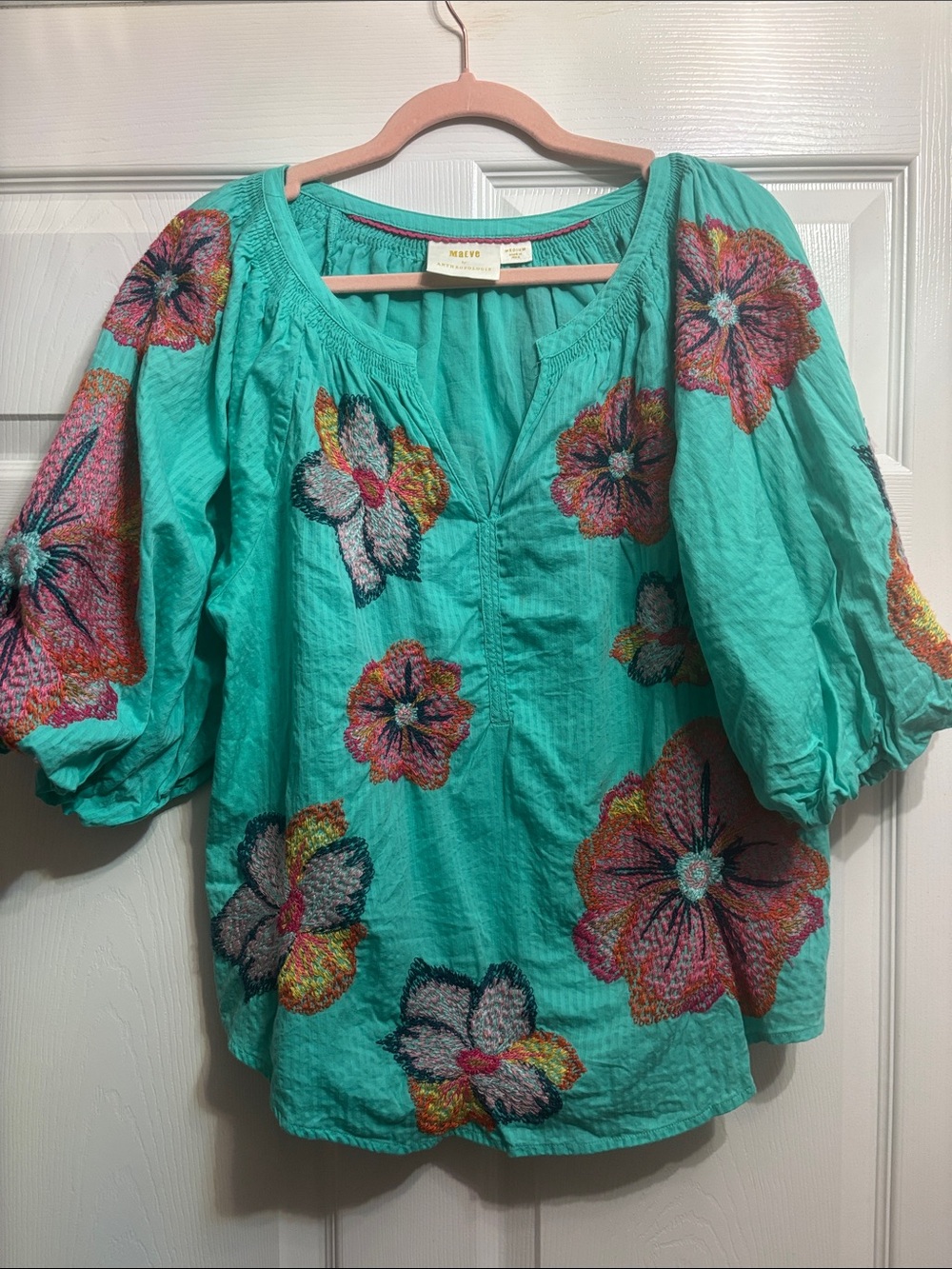 Maeve Turquoise Floral Embroidered Peasant Top - Size M